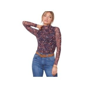 Evereve Tia Floral Mesh Turtleneck Top Purple Floral Size L